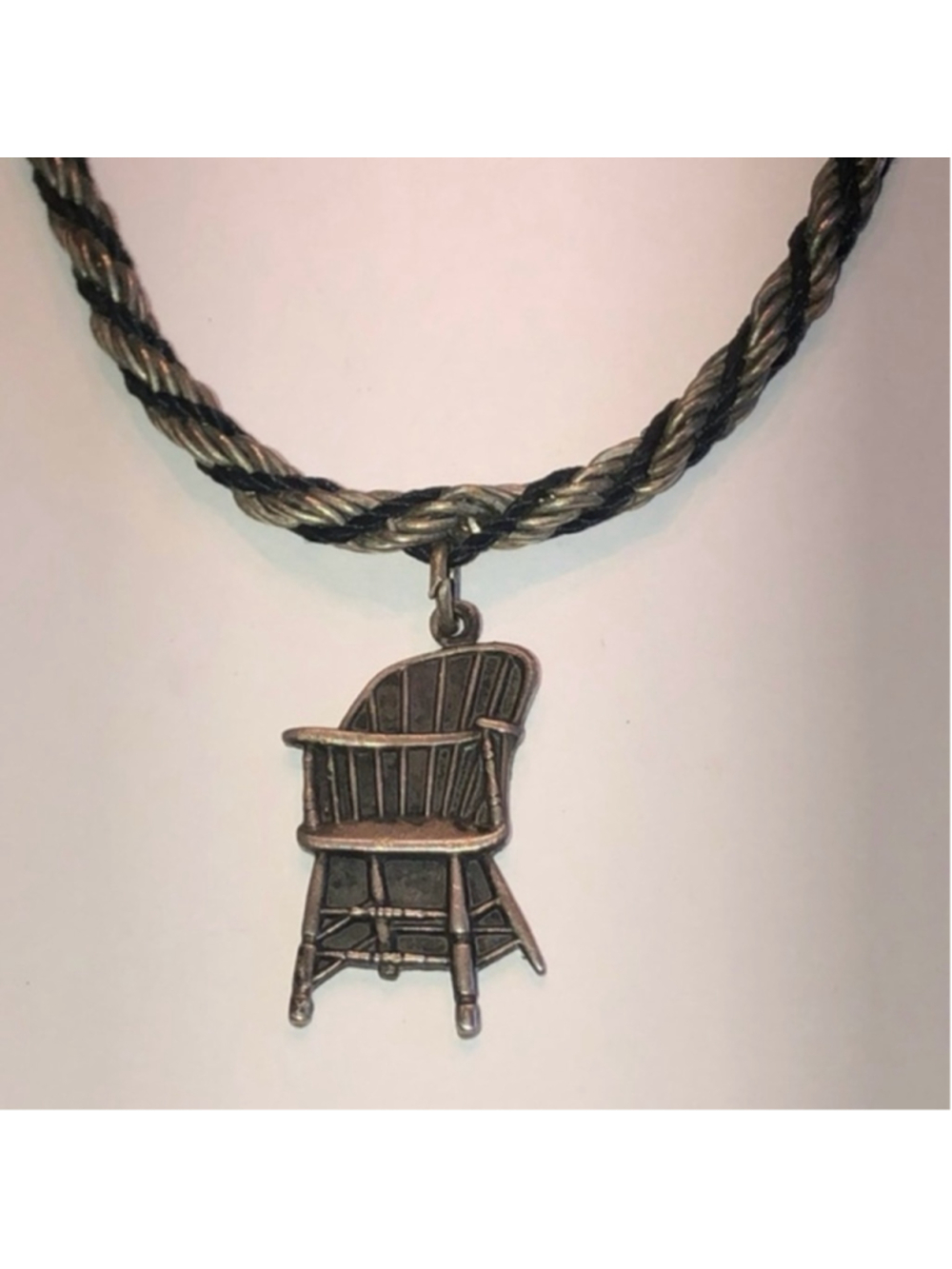 Sterling Silver Grand Rapids Chair Vintage Pendant Silver Tone & Black Chain